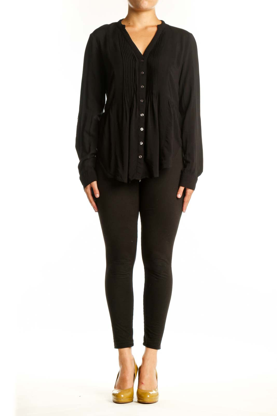Black rayon button-front pleated blouse with V-neckline and long sleeves, front view