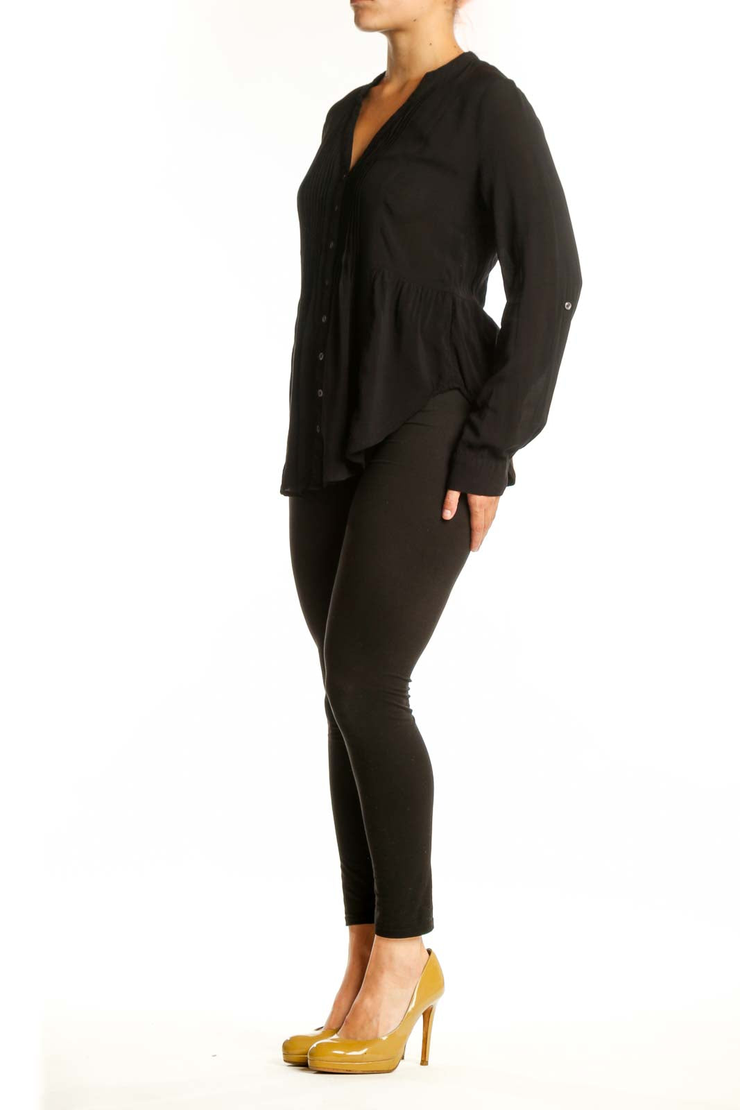 Black rayon button-front pleated blouse with V-neckline and long sleeves, front view