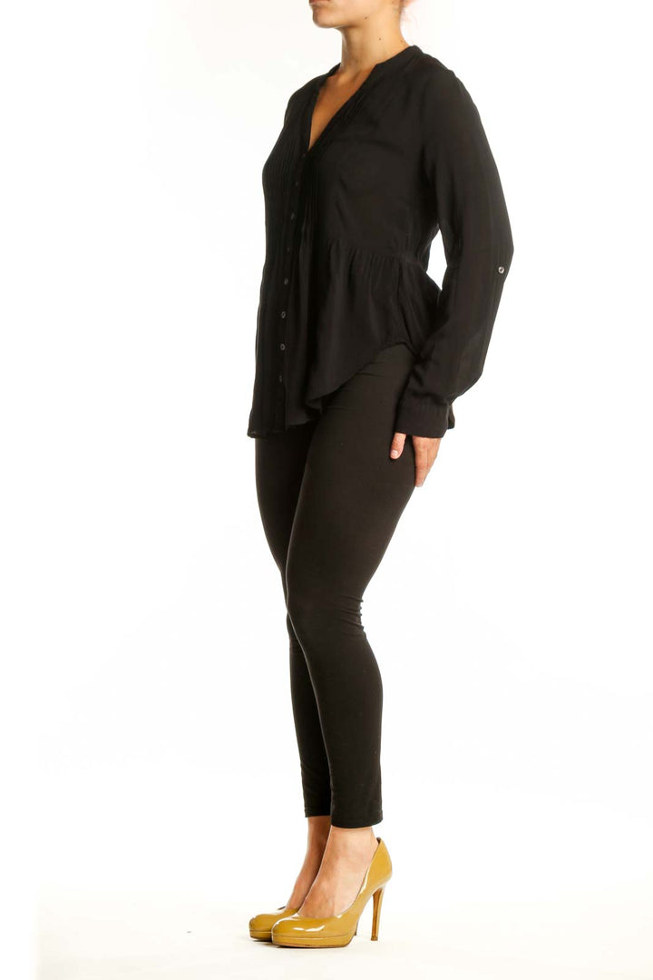 Black rayon button-front pleated blouse with V-neckline and long sleeves, front view