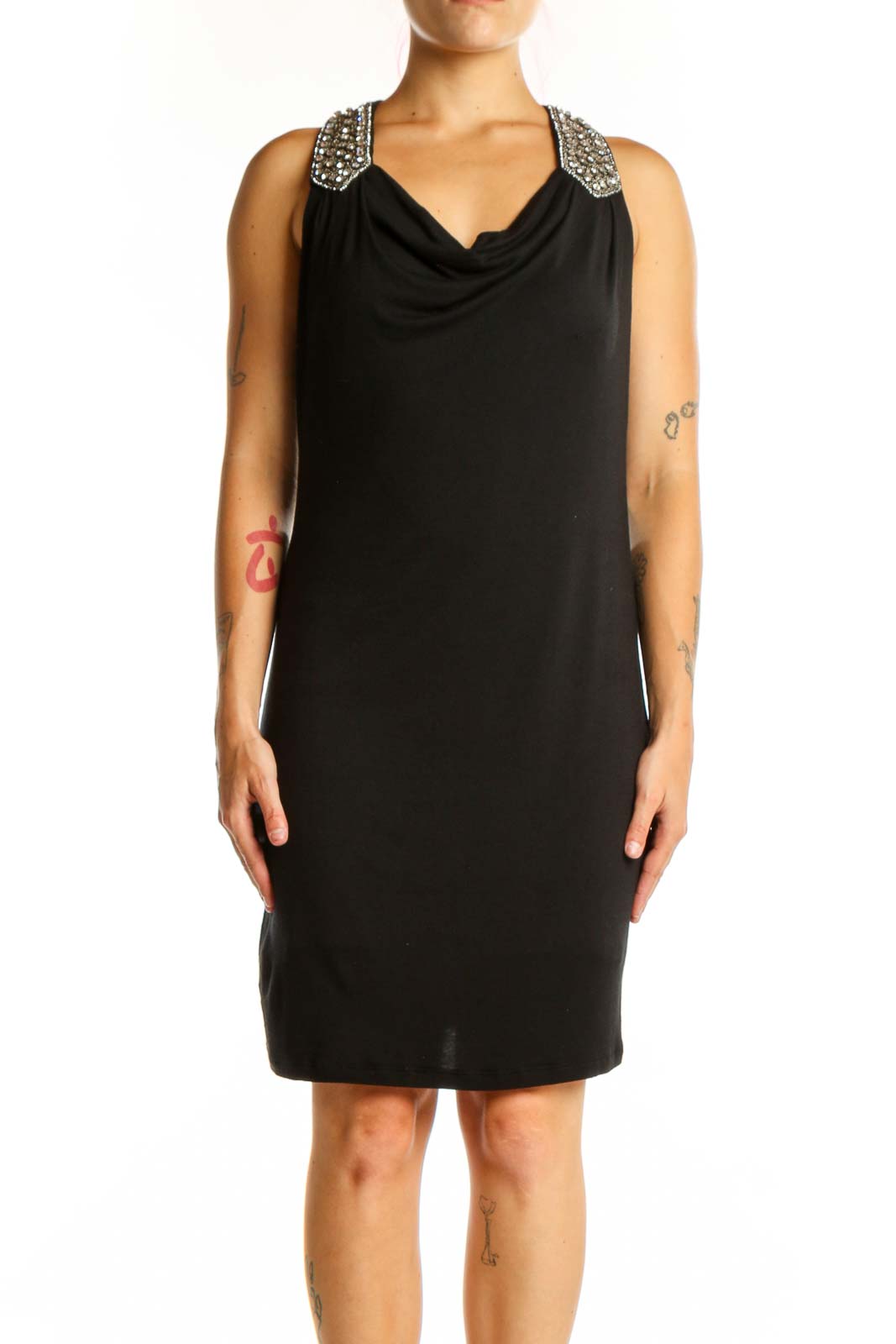 Black embellished cowl neck cocktail dress front view, size S