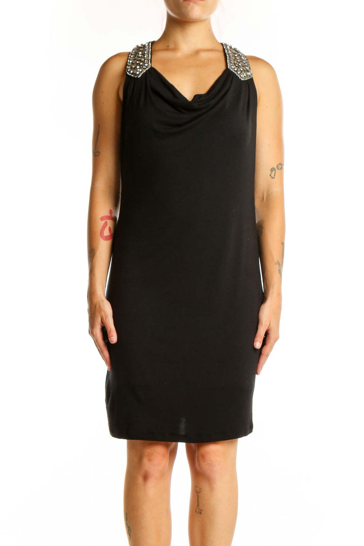 Black embellished cowl neck cocktail dress front view, size S