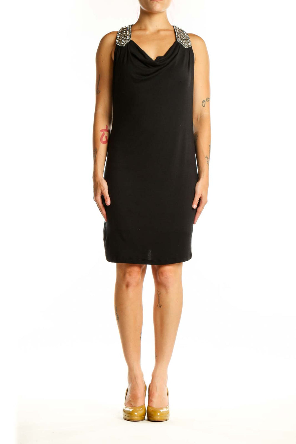 Black embellished cowl neck cocktail dress front view, size S