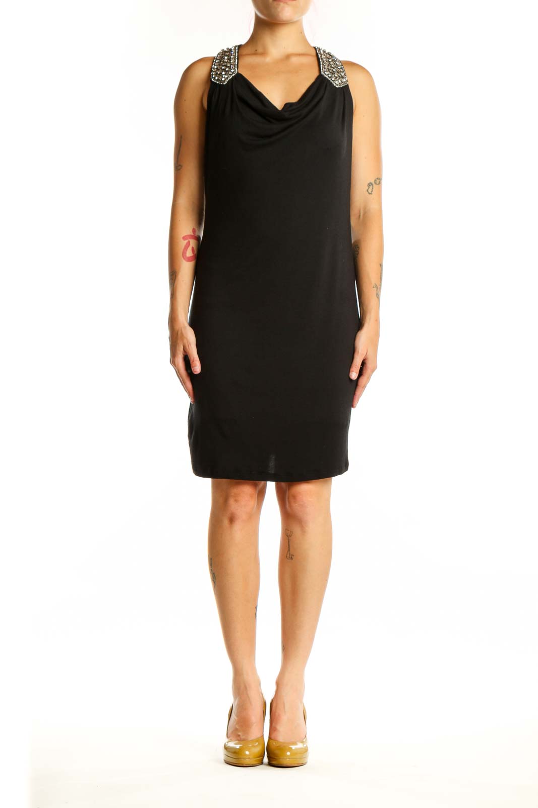 Black embellished cowl neck cocktail dress front view, size S