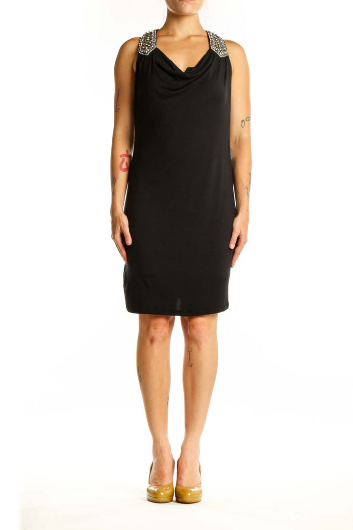 Black embellished cowl neck cocktail dress front view, size S