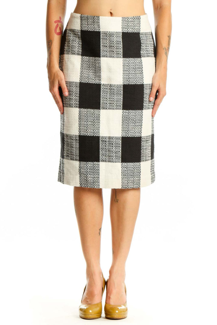 Black and white gingham checkered pencil skirt front view, knee-length with high waist