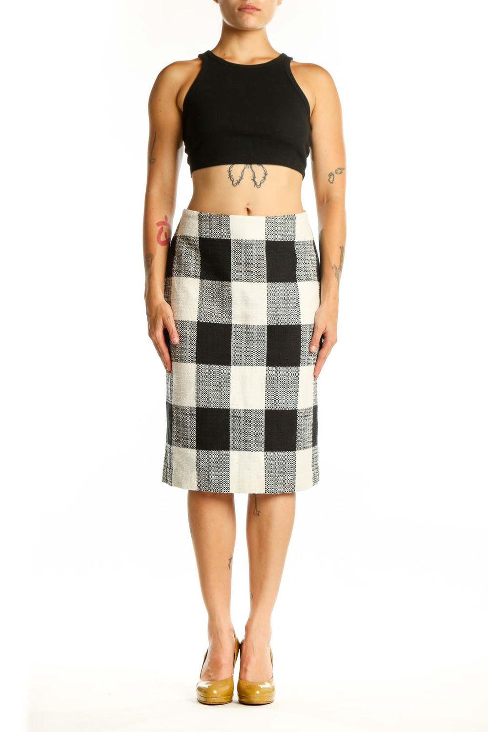 Black and white gingham checkered pencil skirt front view, knee-length with high waist