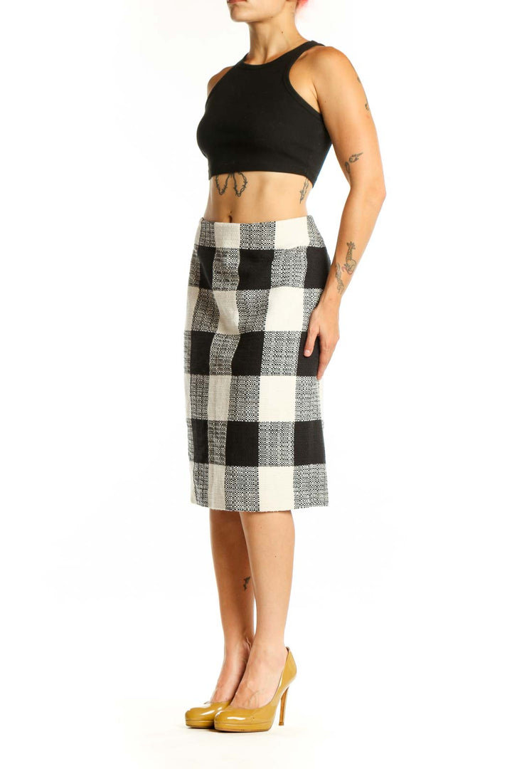 Black and white gingham checkered pencil skirt front view, knee-length with high waist