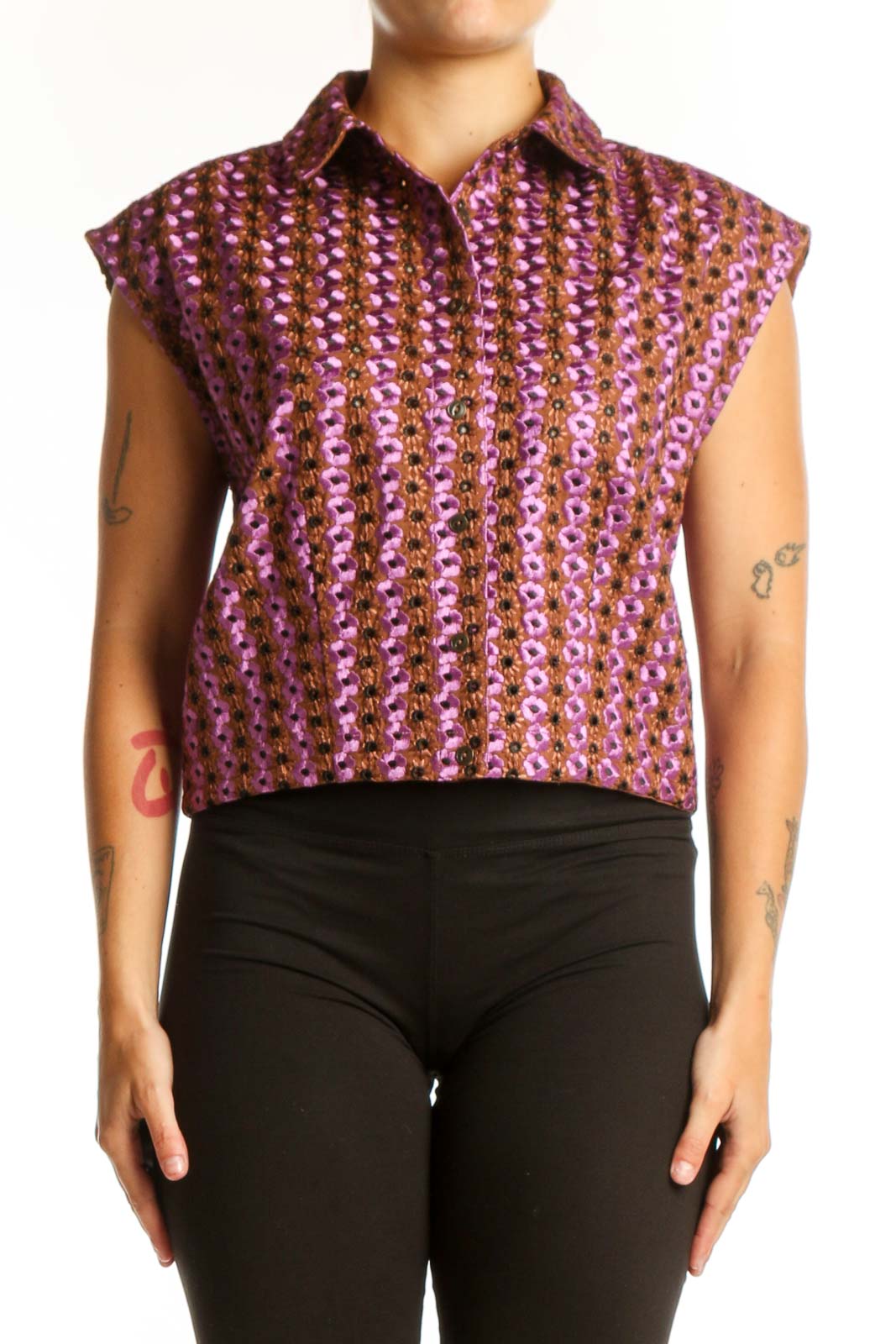Purple floral print sleeveless collared top by Maeve with button-front design, front view