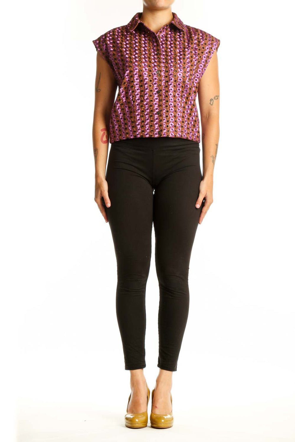Purple floral print sleeveless collared top by Maeve with button-front design, front view