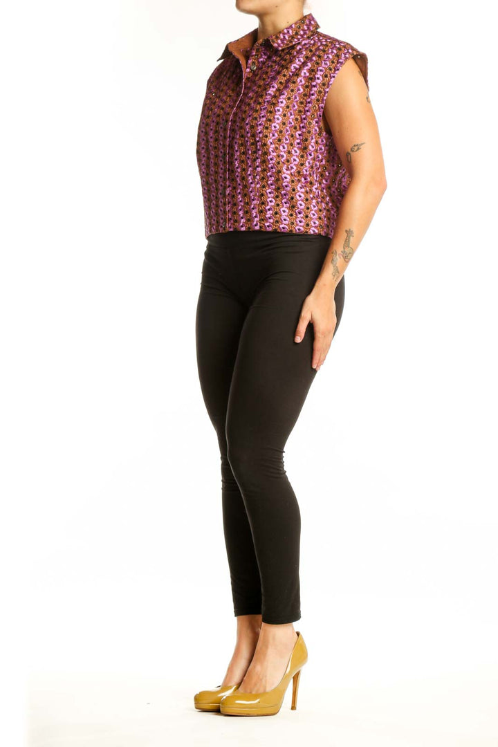 Purple floral print sleeveless collared top by Maeve with button-front design, front view