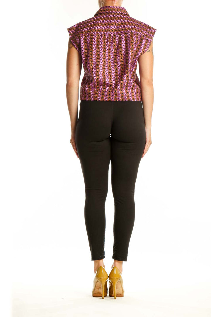 Purple floral print sleeveless collared top by Maeve with button-front design, back view