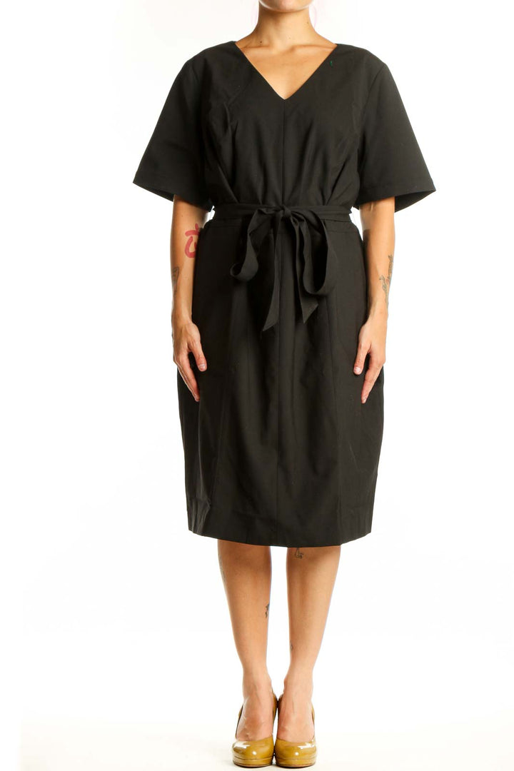 Black wrap midi dress with V-neckline and tie waist, front view on model