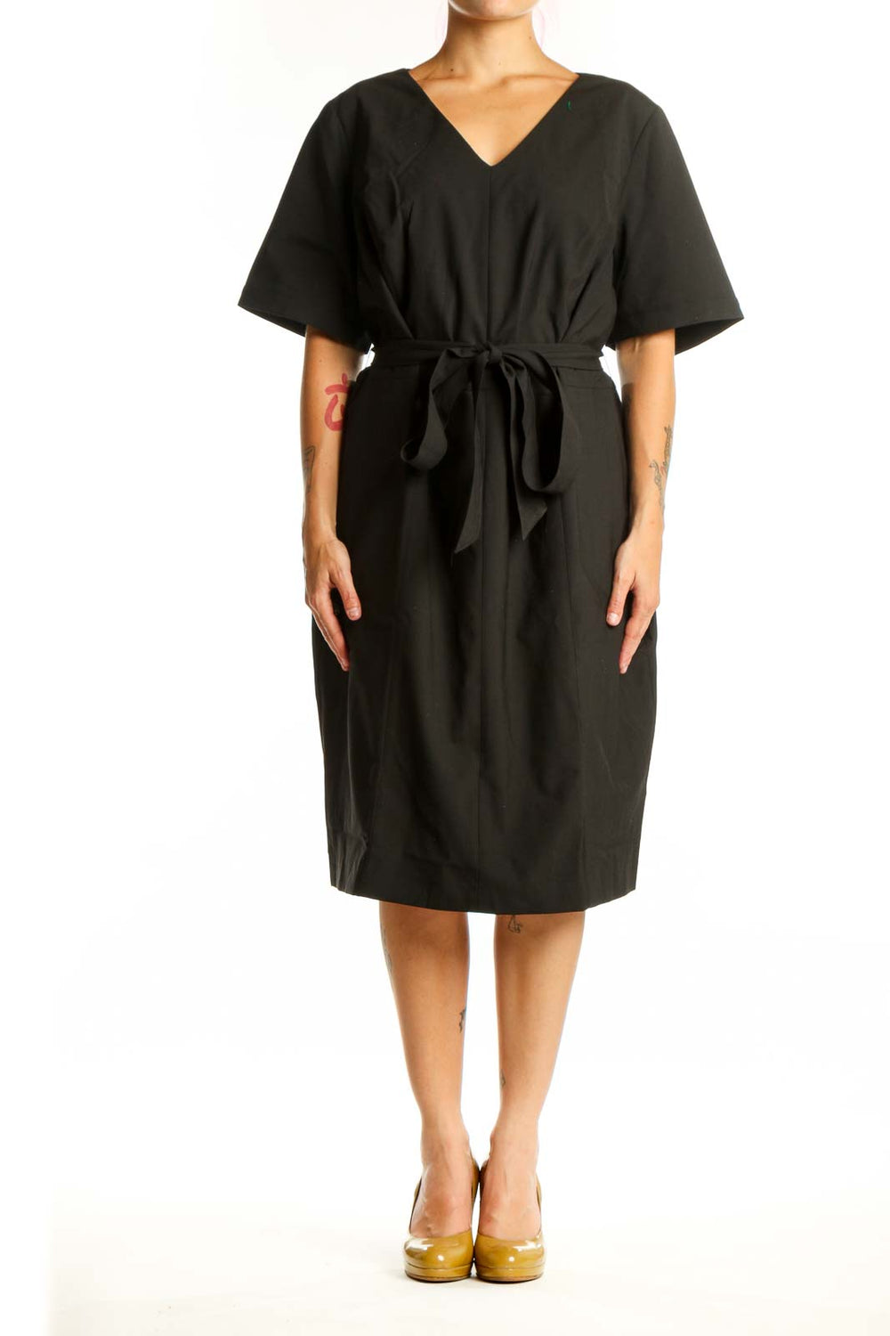 Black wrap midi dress with V-neckline and tie waist, front view on model