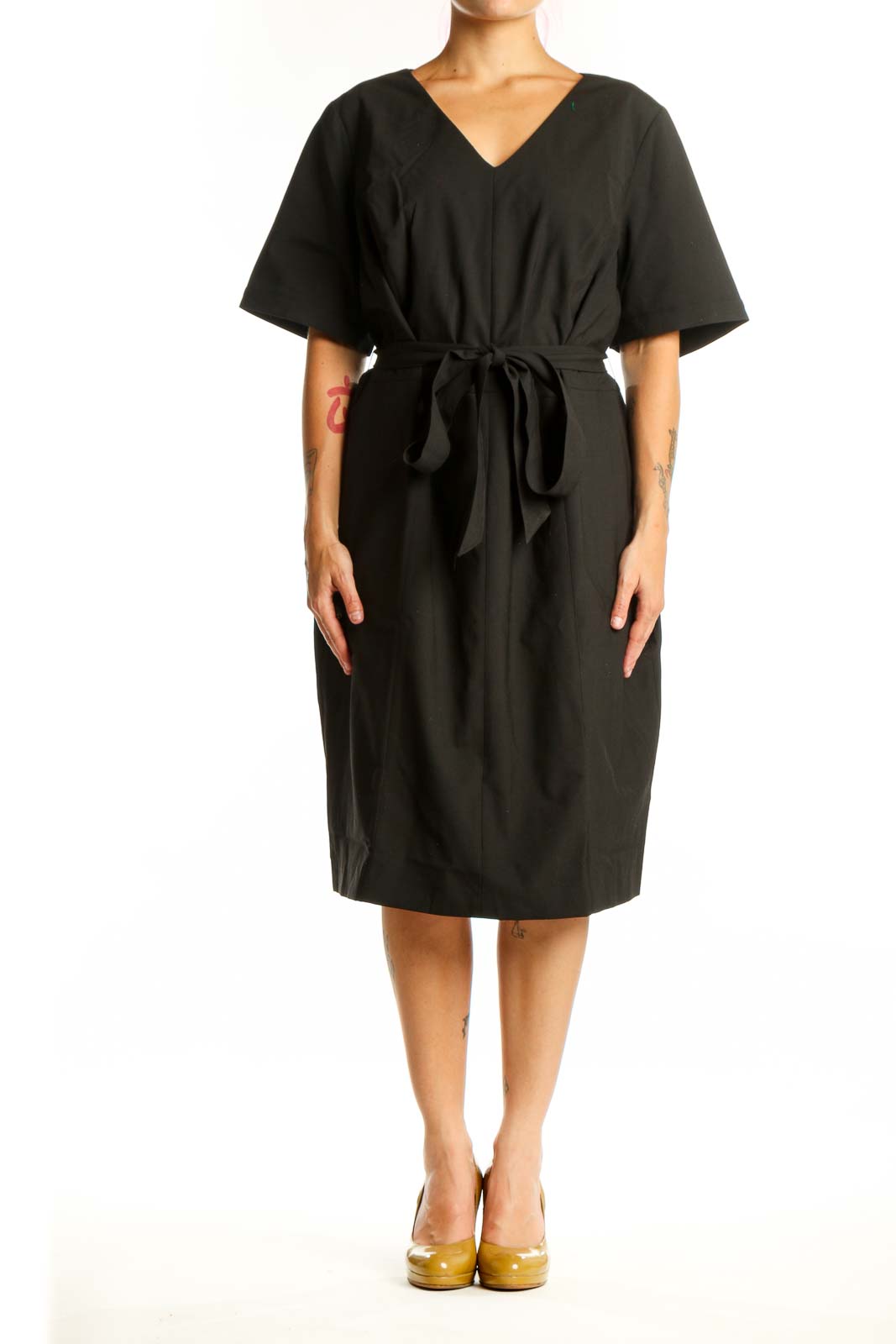 Black wrap midi dress with V-neckline and tie waist, front view on model
