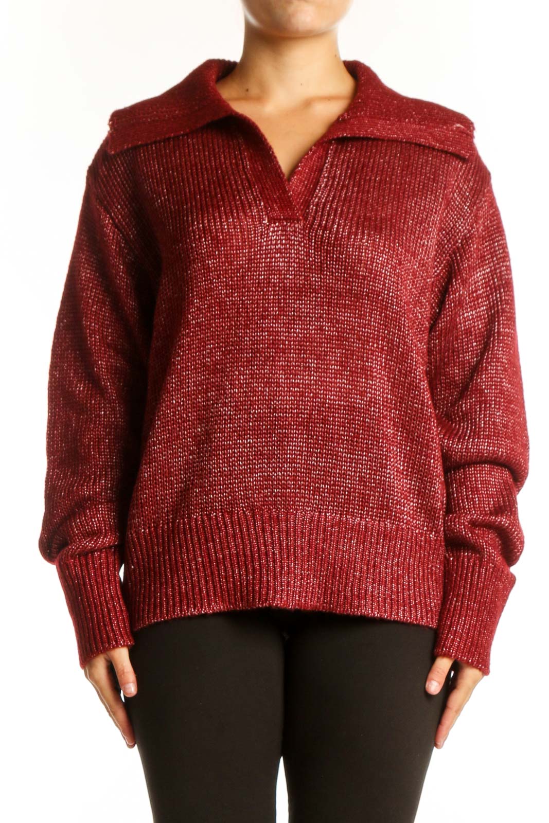 Burgundy ribbed knit pullover sweater with collared half-zip neckline, front view on model