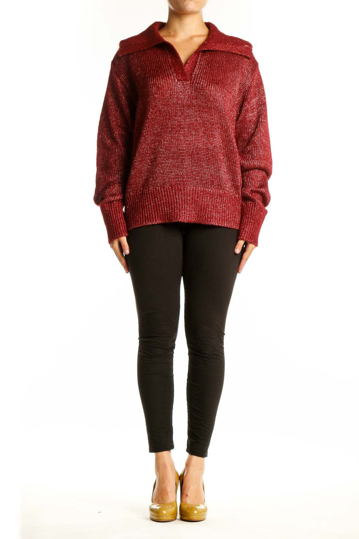 Burgundy ribbed knit pullover sweater with collared half-zip neckline, front view on model