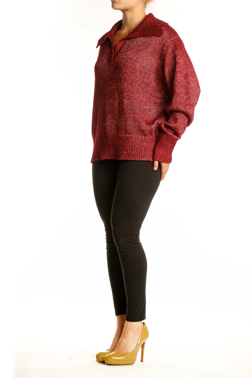 Burgundy ribbed knit pullover sweater with collared half-zip neckline, front view on model
