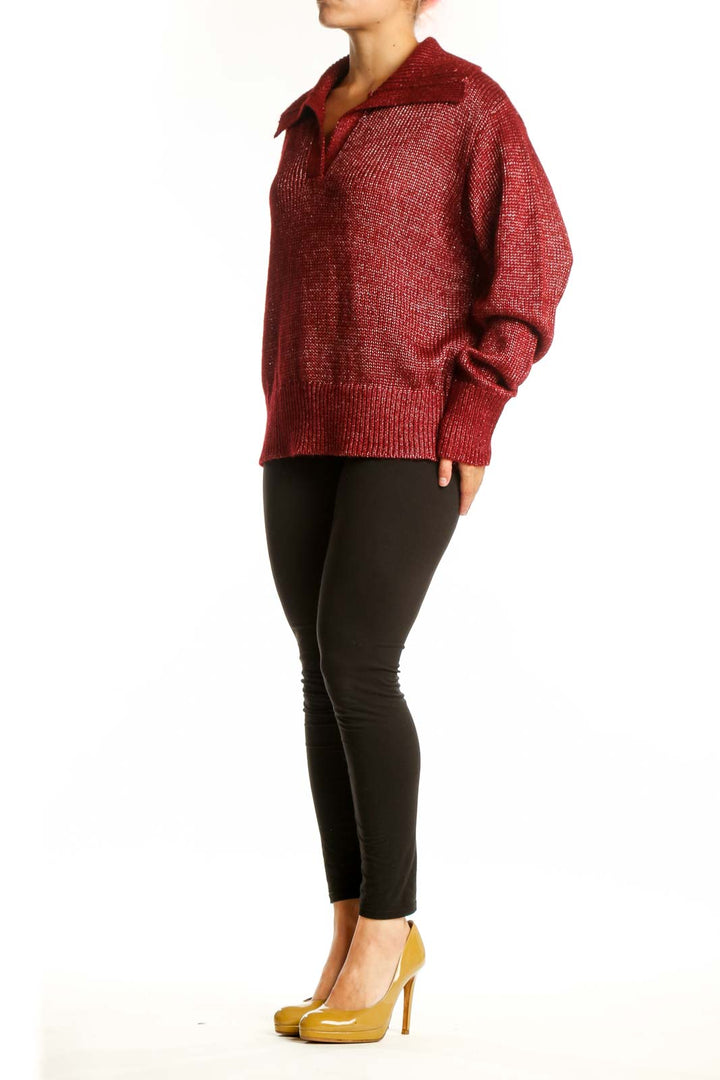 Burgundy ribbed knit pullover sweater with collared half-zip neckline, front view on model