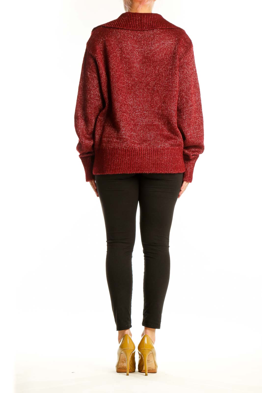 Burgundy ribbed knit pullover sweater back view, showing relaxed fit and textured knit pattern