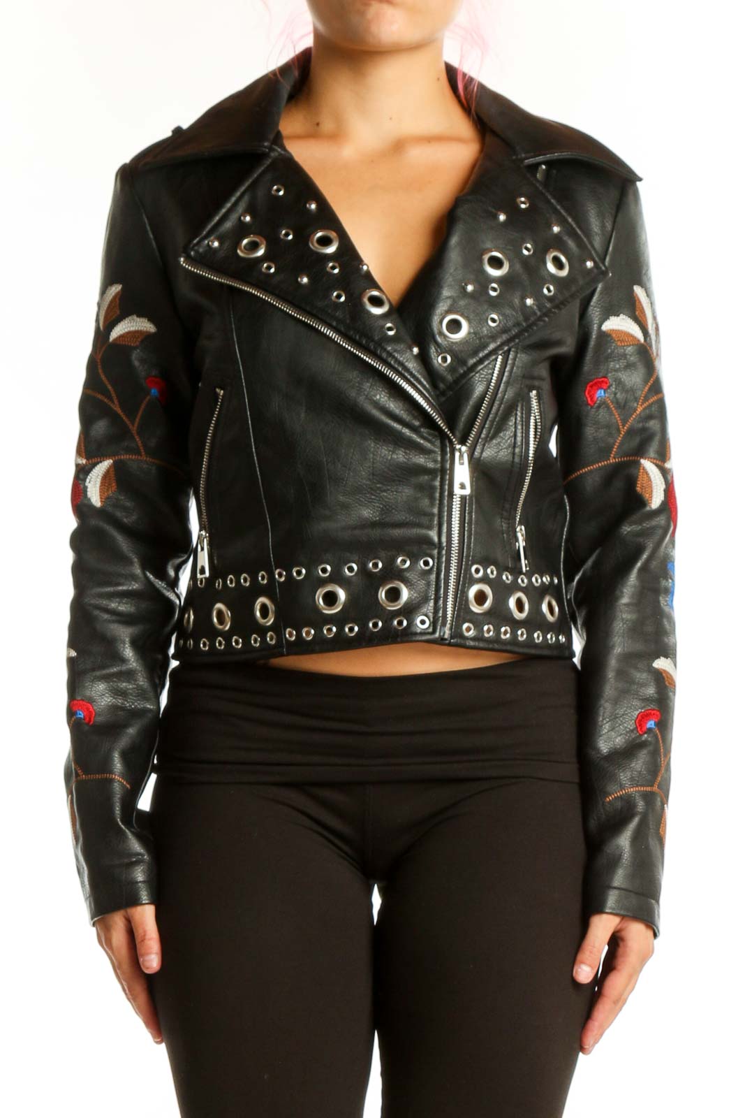 Black studded biker jacket with floral embroidery on sleeves, front view