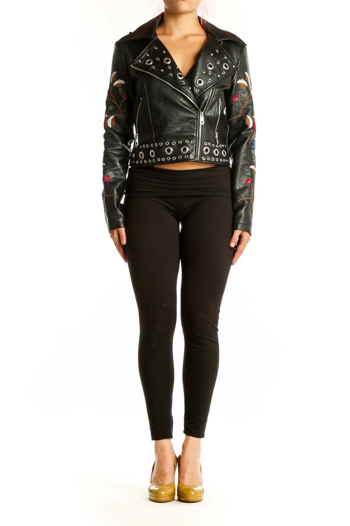 Black studded biker jacket with floral embroidery on sleeves, front view
