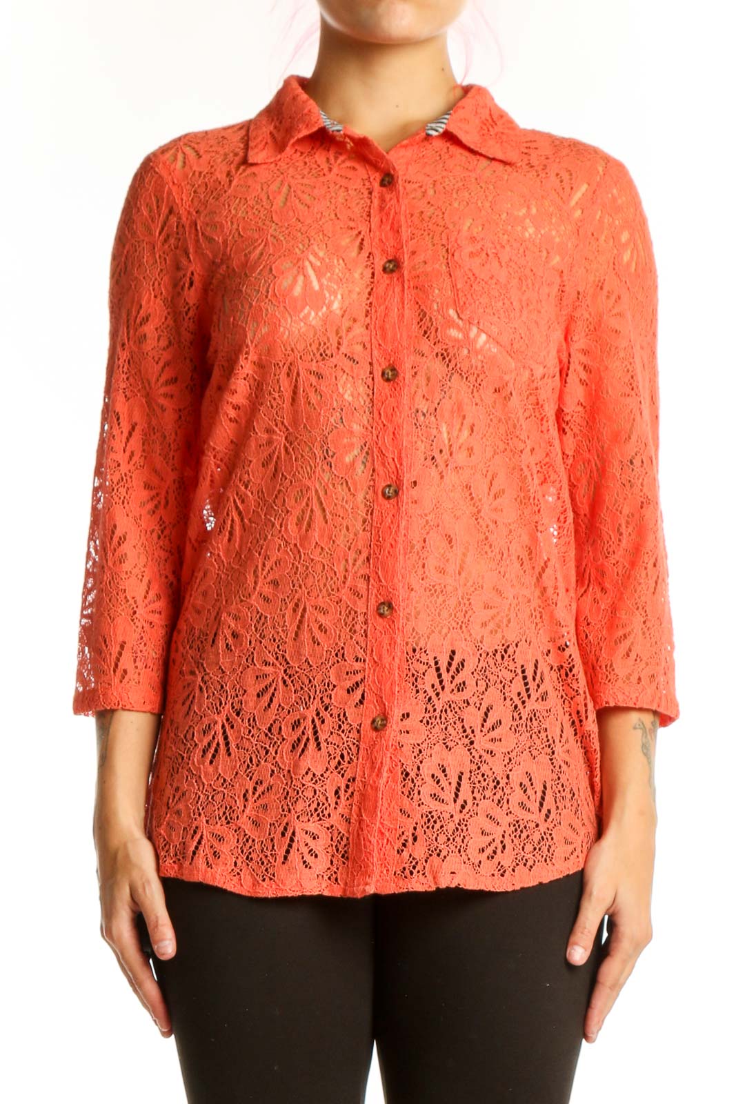 Orange lace button-up shirt with intricate lace pattern and three-quarter sleeves, front view
