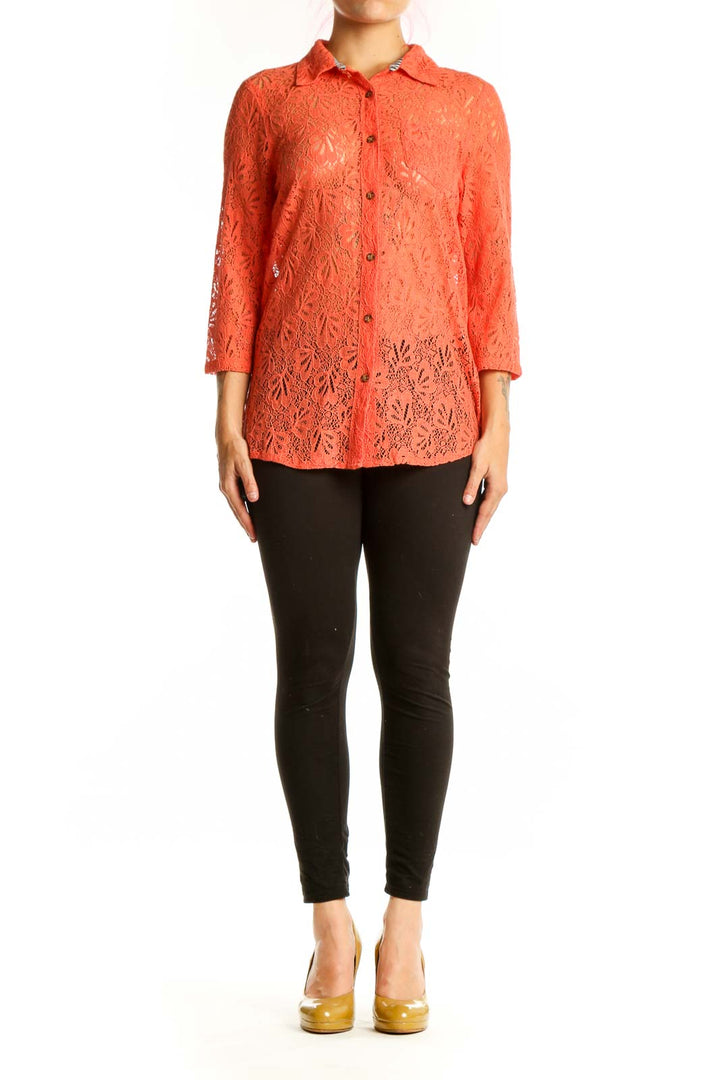 Orange lace button-up shirt with intricate lace pattern and three-quarter sleeves, front view