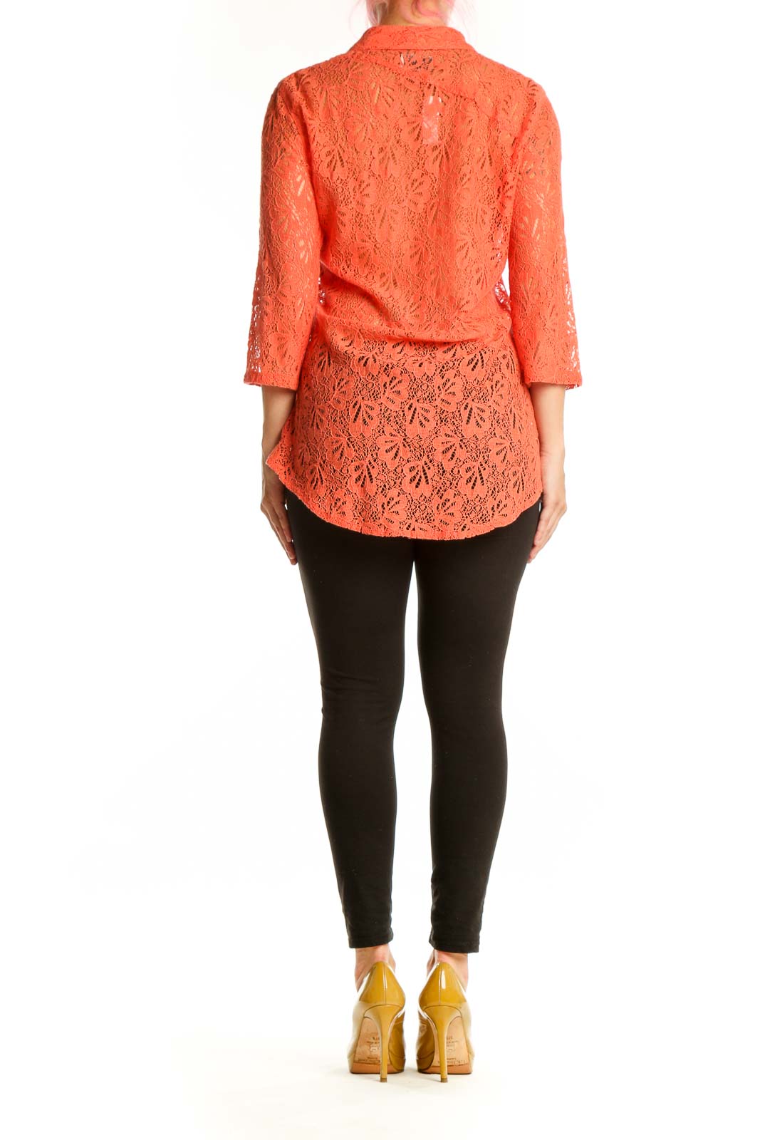Orange lace button-up shirt back view showing lace detailing and button closure