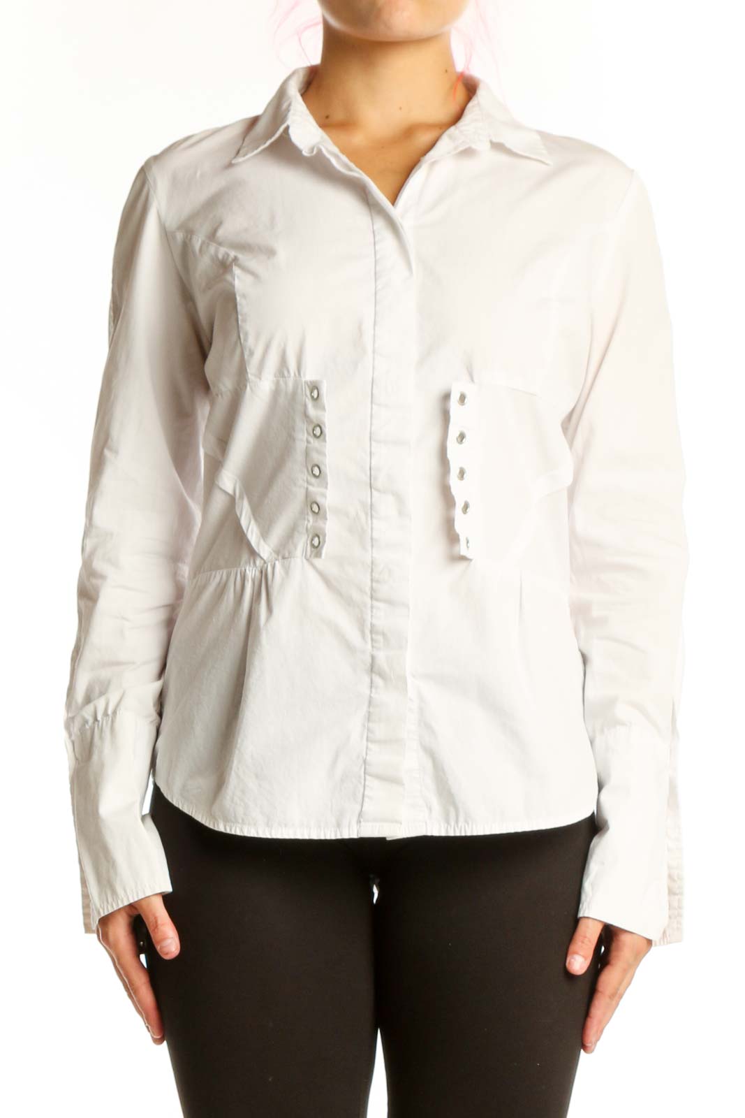 White cotton button-up shirt with ruching detail on front, long sleeves, and collared neckline