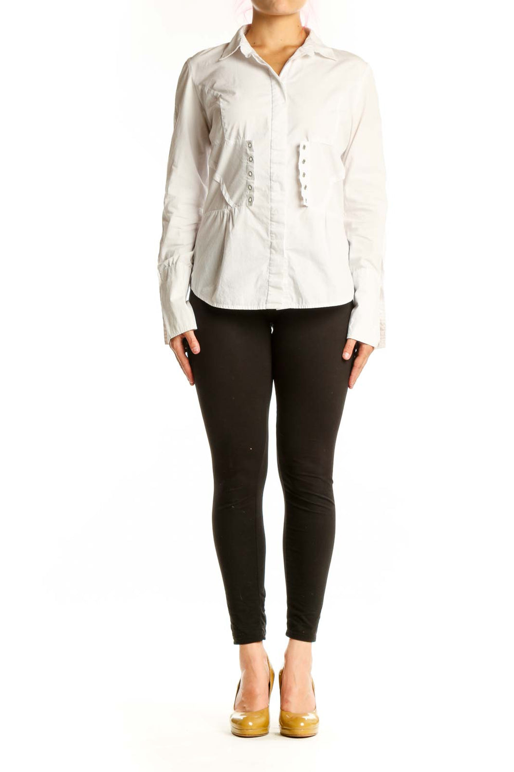 White cotton button-up shirt with ruching detail on front, long sleeves, and collared neckline