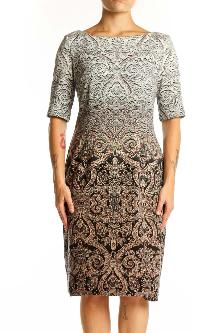 Beige damask print dress with three-quarter sleeves and ombre brown detail, front view