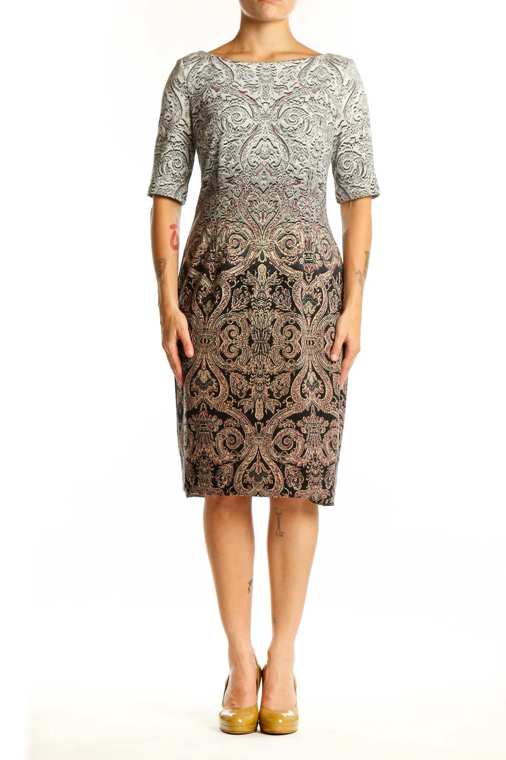 Beige damask print dress with three-quarter sleeves and ombre brown detail, front view
