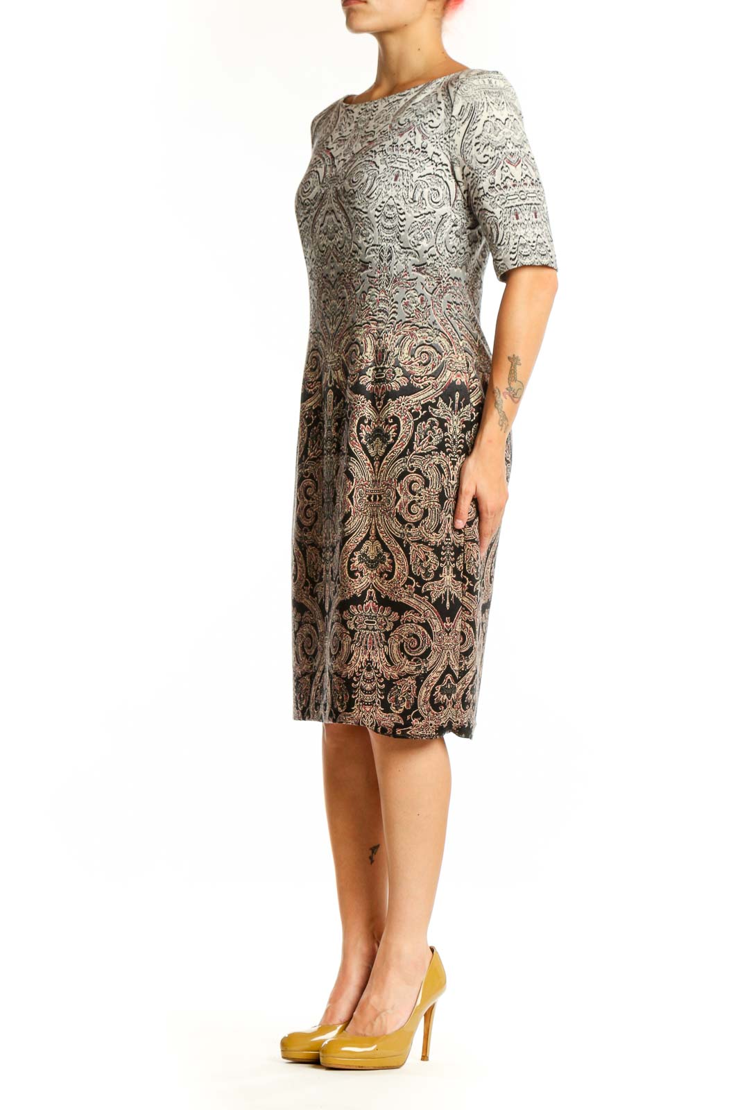 Beige damask print dress with three-quarter sleeves and ombre brown detail, front view