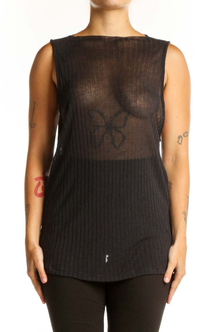 Black ribbed knit sleeveless tank top with crew neckline, front view on model