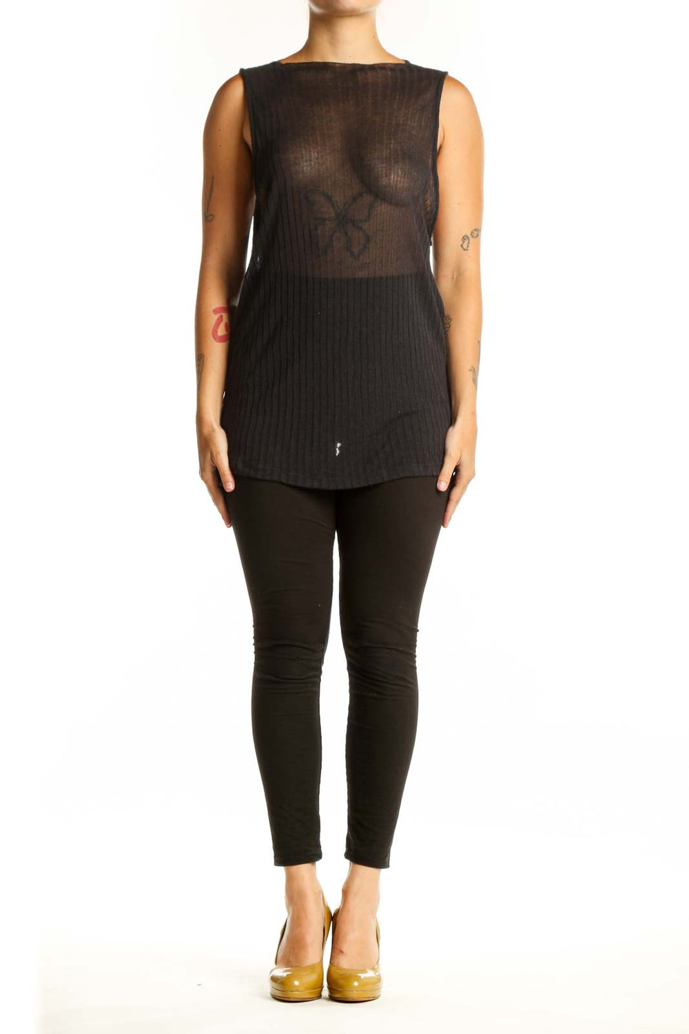 Black ribbed knit sleeveless tank top with crew neckline, front view on model