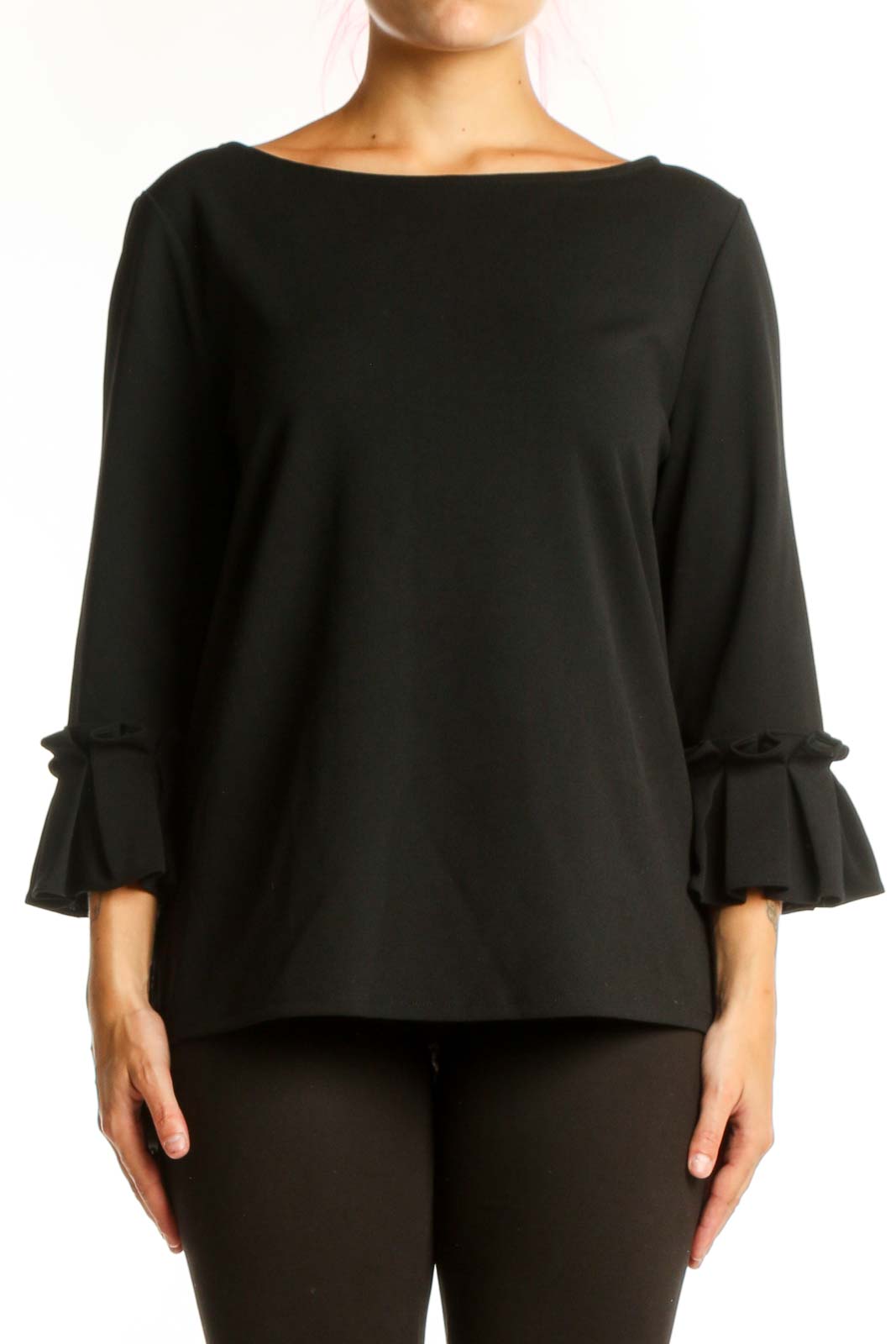 Black ruffle sleeve blouse with boat neckline, front view on model