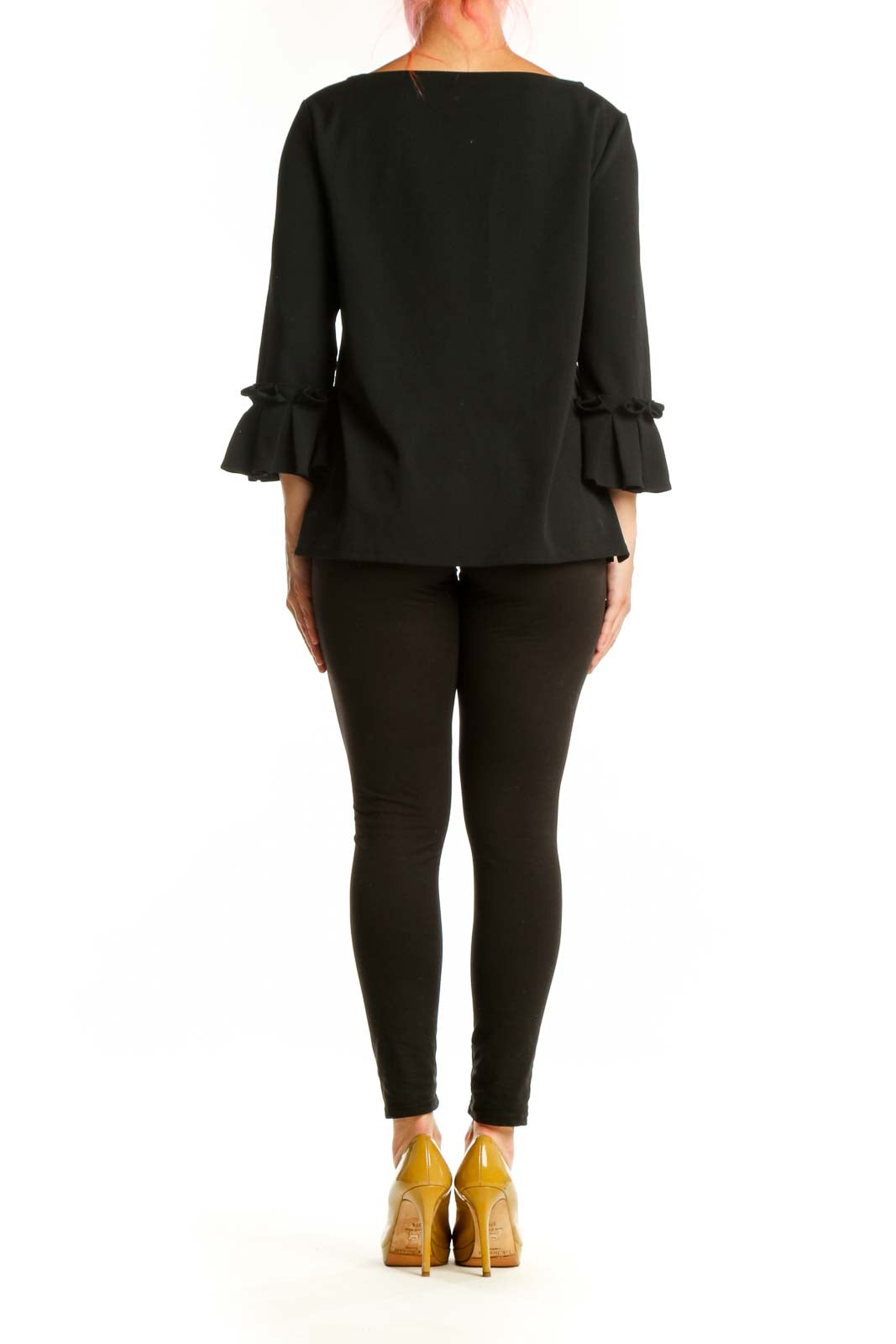 Black ruffle sleeve blouse back view, showing relaxed fit and three-quarter length sleeves