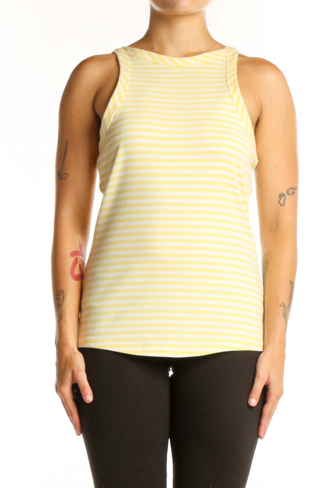 Yellow and white striped cotton tank top with crew neckline, front view
