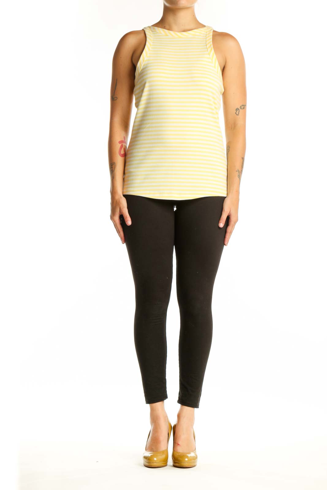 Yellow and white striped cotton tank top with crew neckline, front view