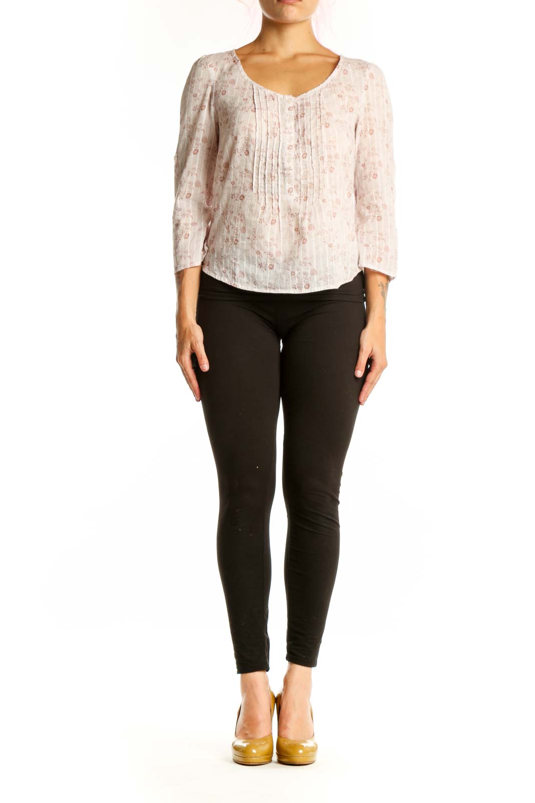 Cream floral pleated cotton top with V-neckline and three-quarter sleeves, front view