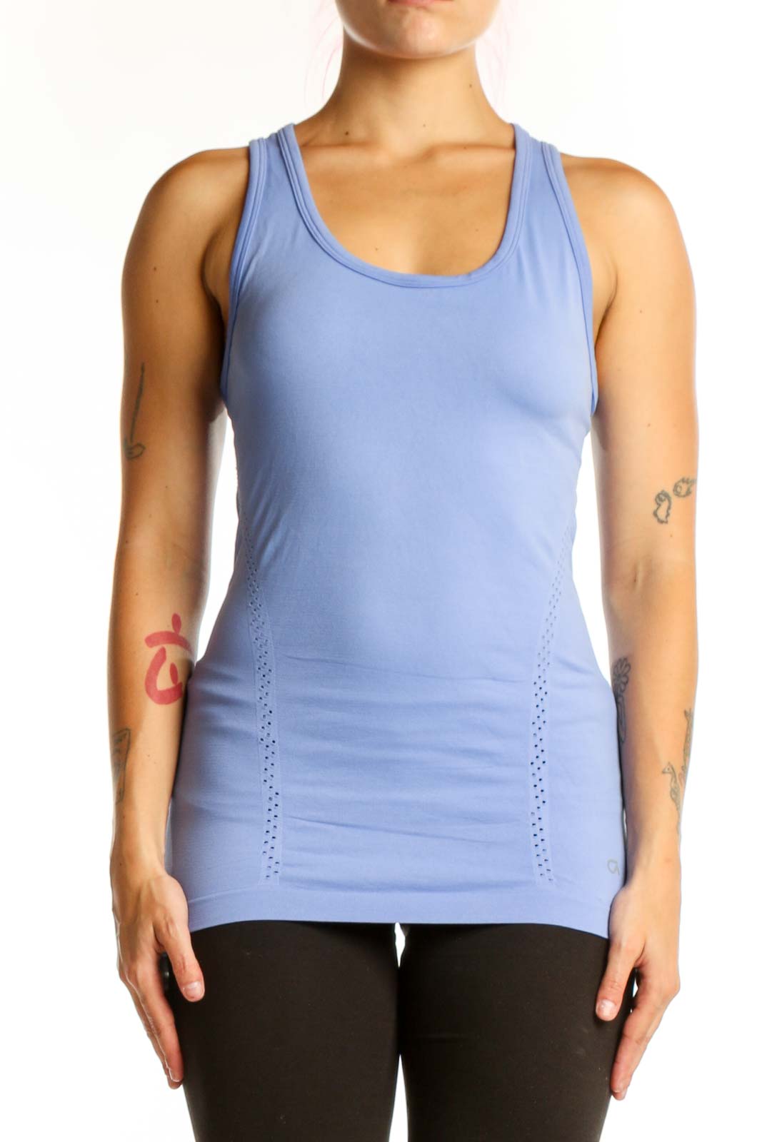 Periwinkle blue racerback tank with ruched sides and scoop neckline, front view