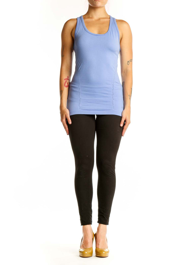 Periwinkle blue racerback tank with ruched sides and scoop neckline, front view
