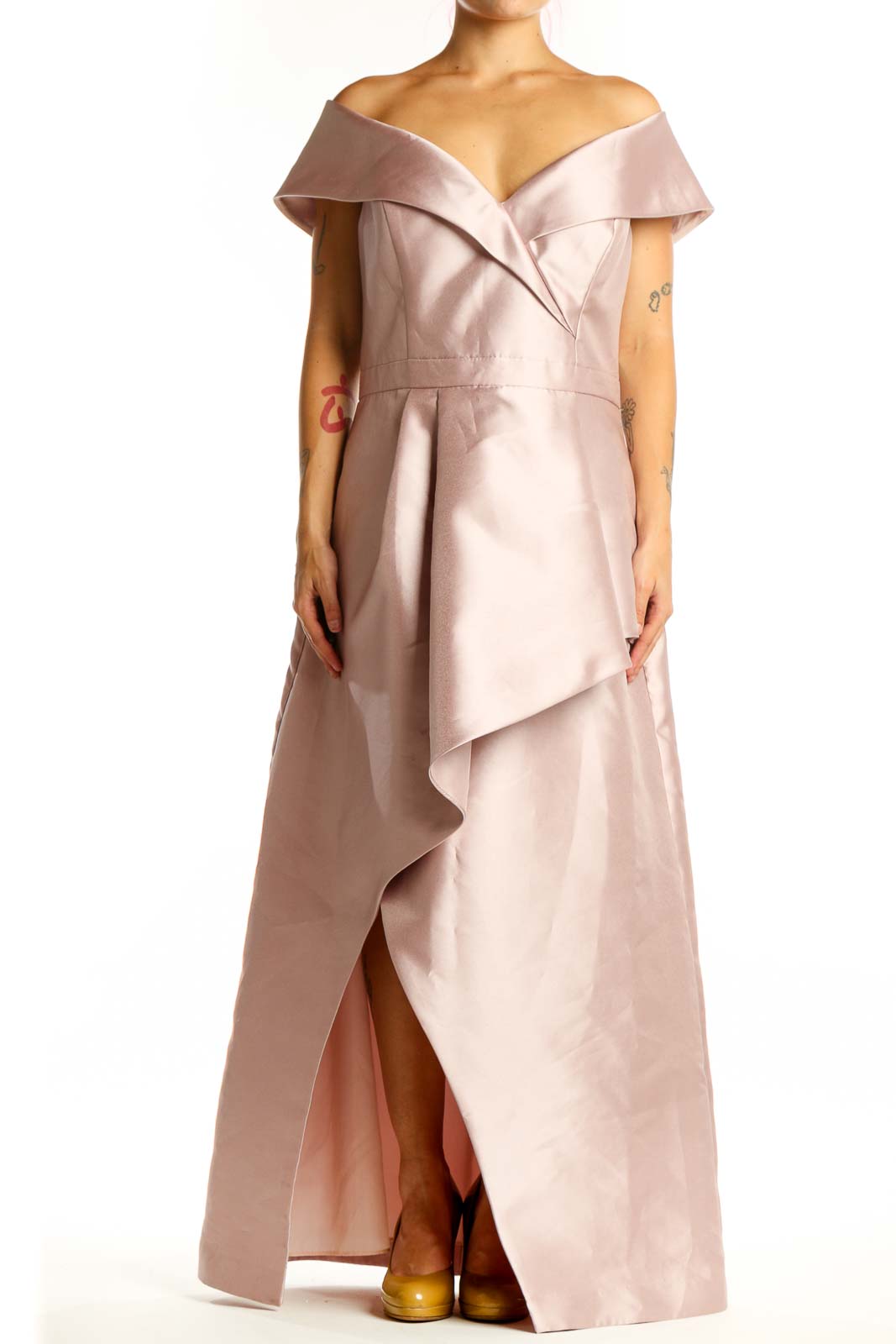 Blush off-shoulder wrap maxi dress with ruffled neckline and asymmetrical layered skirt, front view