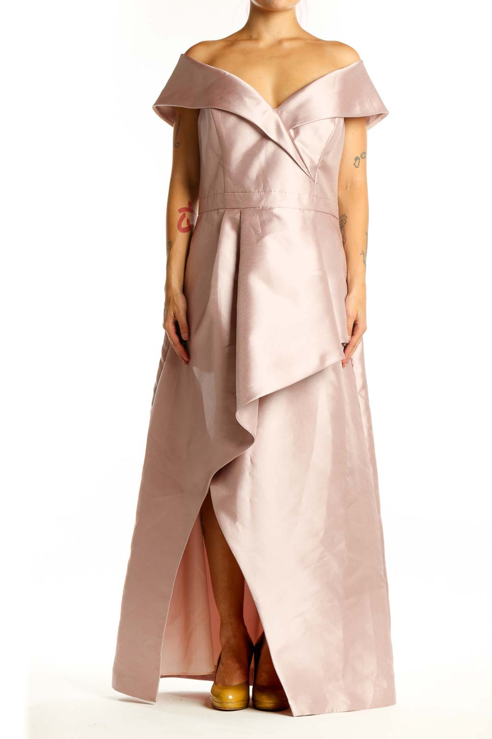 Blush off-shoulder wrap maxi dress with ruffled neckline and asymmetrical layered skirt, front view