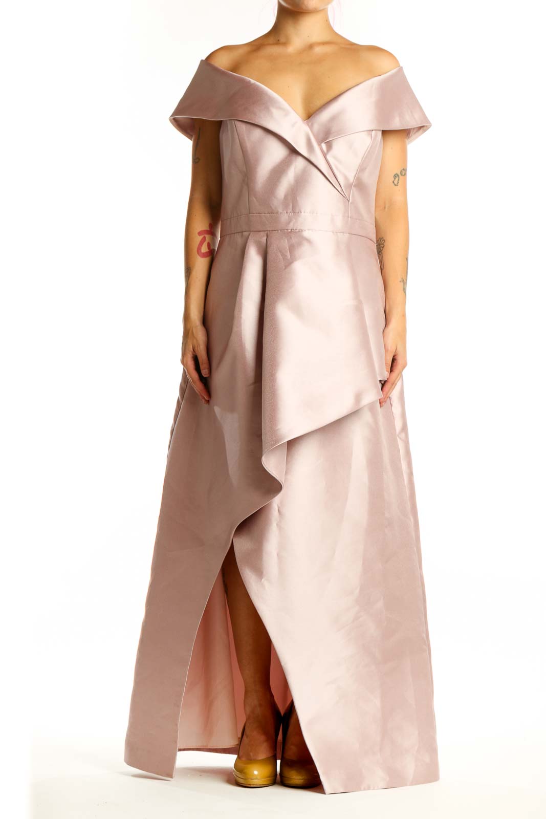 Blush off-shoulder wrap maxi dress with ruffled neckline and asymmetrical layered skirt, front view