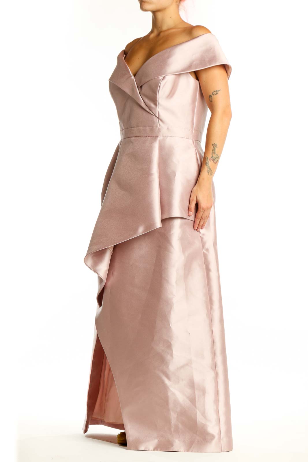 Blush off-shoulder wrap maxi dress with ruffled neckline and asymmetrical layered skirt, front view