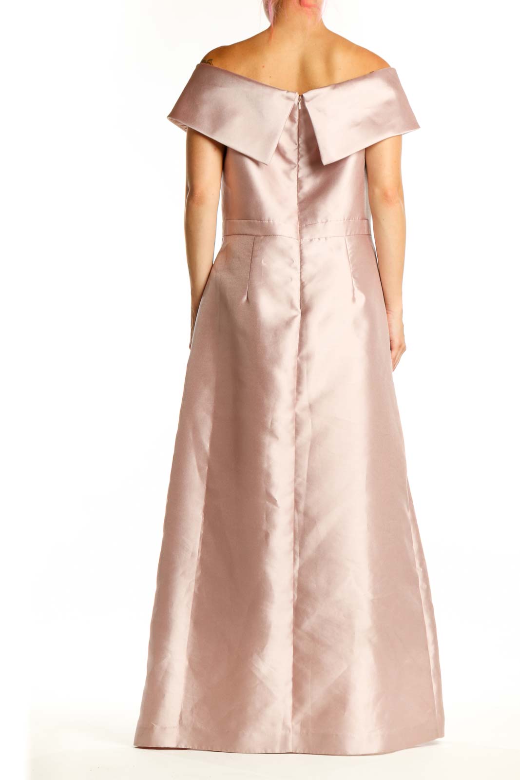 Blush off-shoulder wrap maxi dress with structured back and asymmetrical high-low hemline, back view