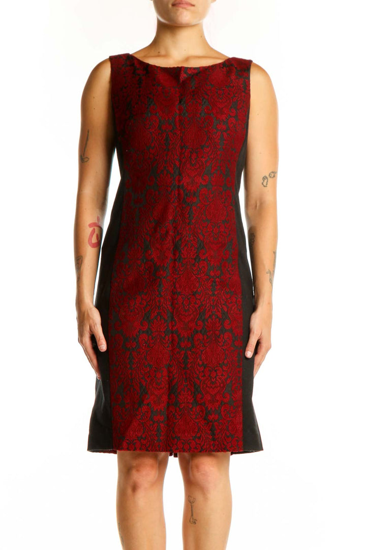 Red damask sleeveless shift dress by Talbots, front view showing intricate damask pattern and crew neckline