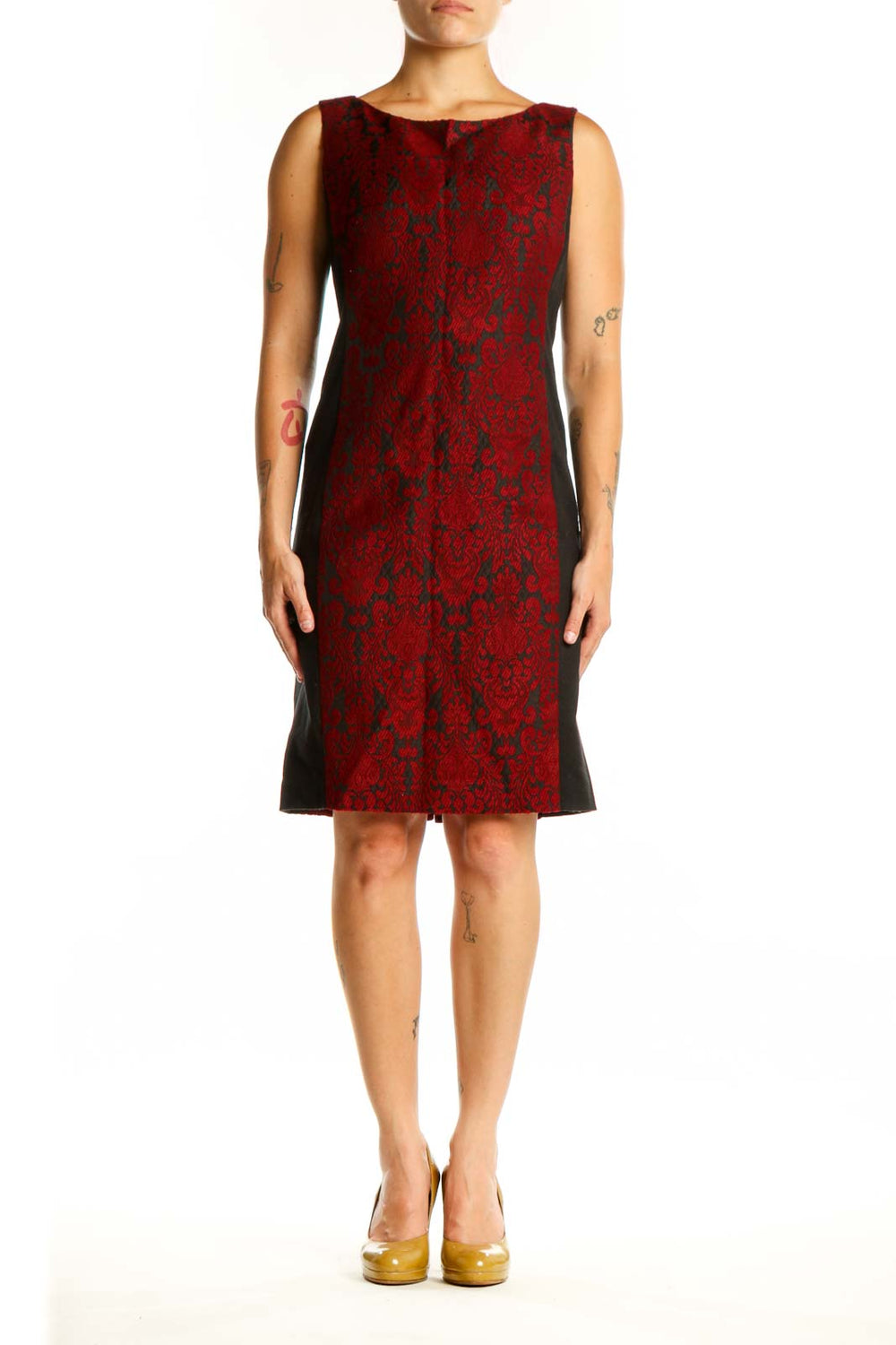 Red damask sleeveless shift dress by Talbots, front view showing intricate damask pattern and crew neckline