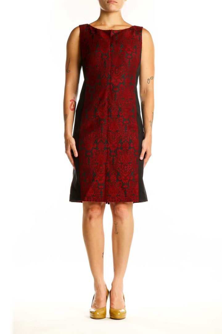 Red damask sleeveless shift dress by Talbots, front view showing intricate damask pattern and crew neckline